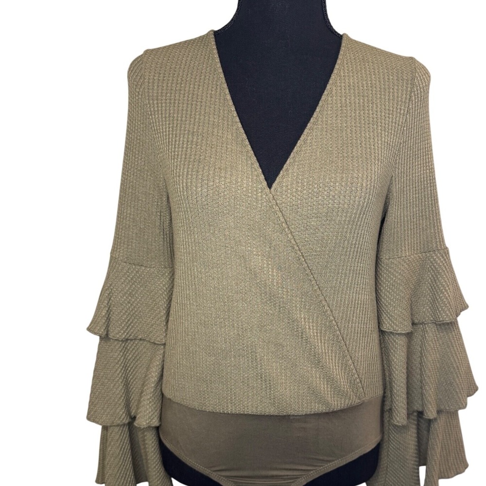 Peach Love Olive green Waffle Knit Bodysuit Top Wrap Big Bell Sleeve Shirt Small
